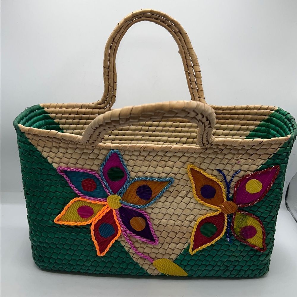 HANDWOVEN Handmade Mexican Woven Straw Handbag Purse Colorful Flower & Butterfly